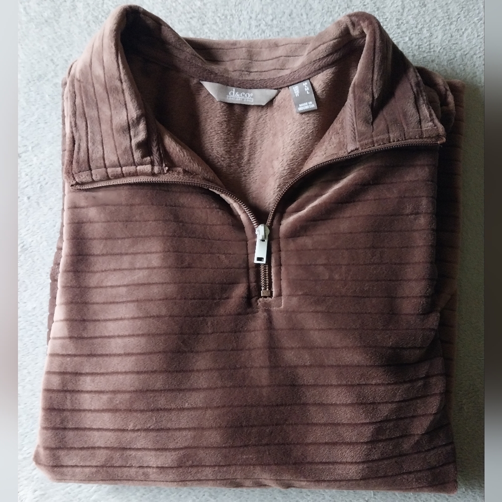 Denim & Co Velour 1/4 Zip Pullover Sweatshirt With Pockets Brown Medium